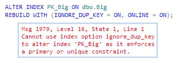 Adding IGNORE_DUP_KEY fails