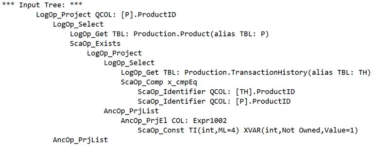 Optimizer input tree using EXISTS semi join syntax