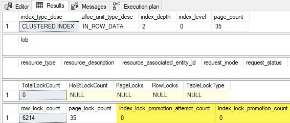 Test 8 results showing no lock promotion attempts or escalation