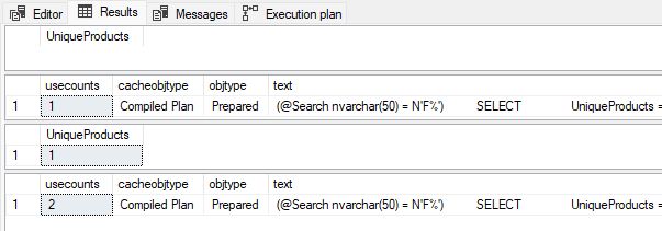 Result sets for the sp_prepare plan matching demo