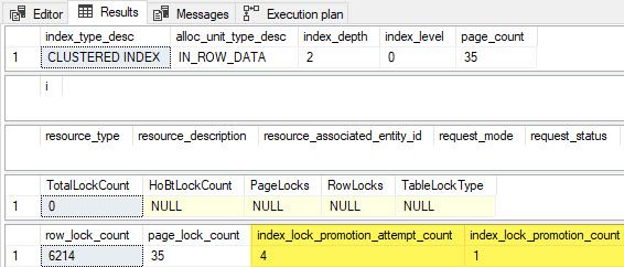 Test 7 procedure results showing lock escalation